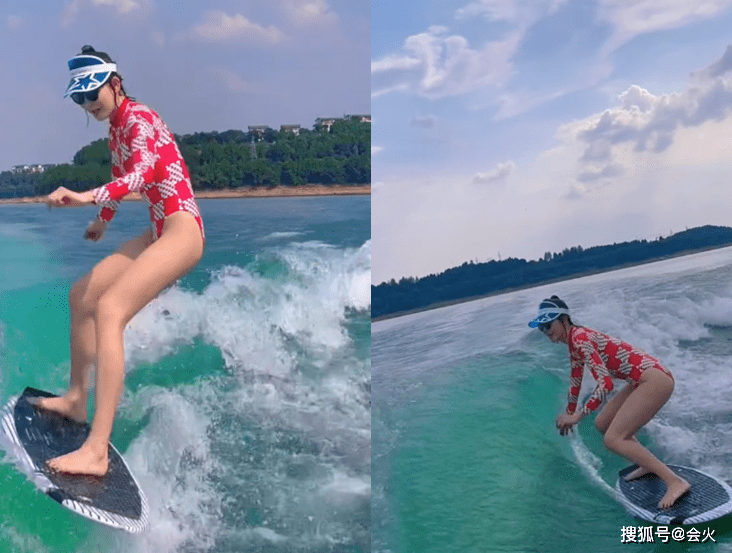 38岁李彩桦冲浪秀长腿，连体泳衣侧面开叉高，落水后素颜十分惊艳
