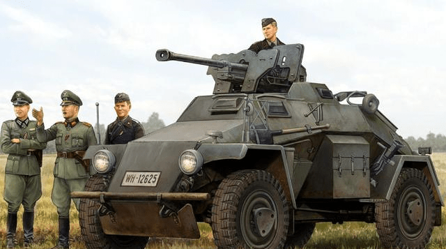 图为sdkfz 222轻型装甲侦察车,重5吨,搭载一台75马力汽油机,时速70