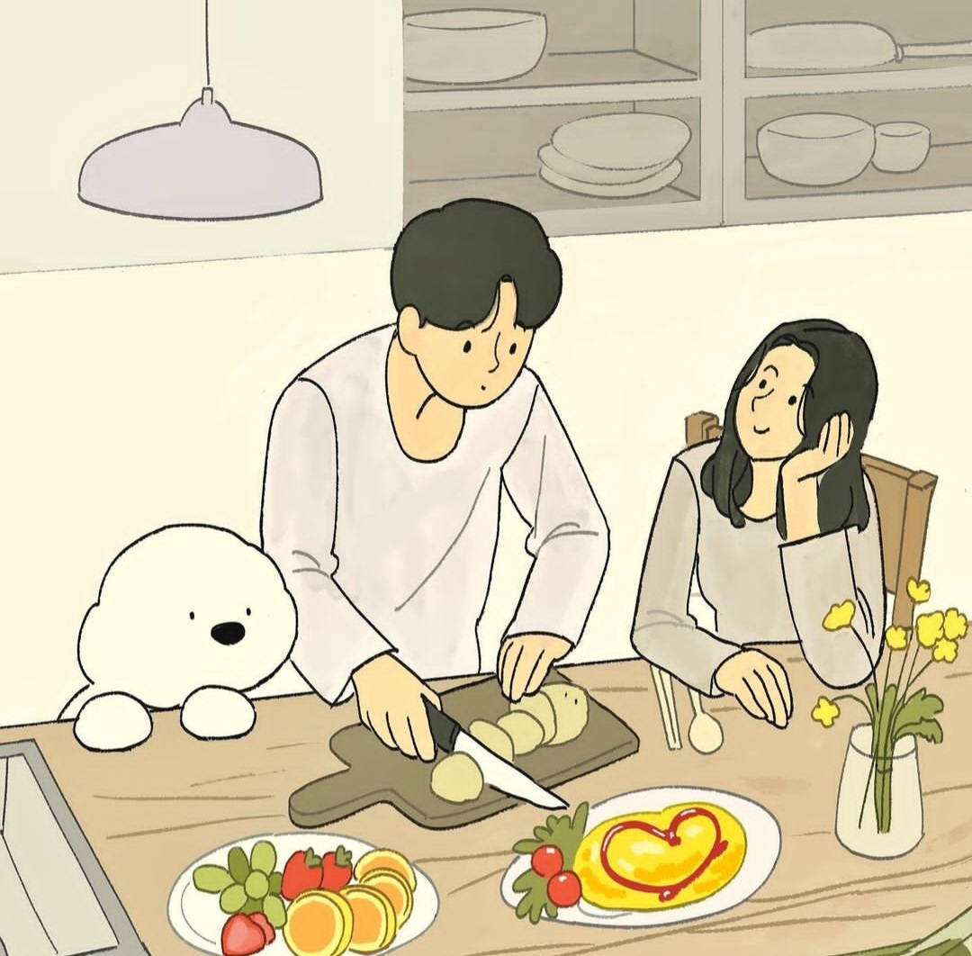甜蜜且治愈的情侣日常场景插画,特别有温馨的感觉,很舒服的画风_作品