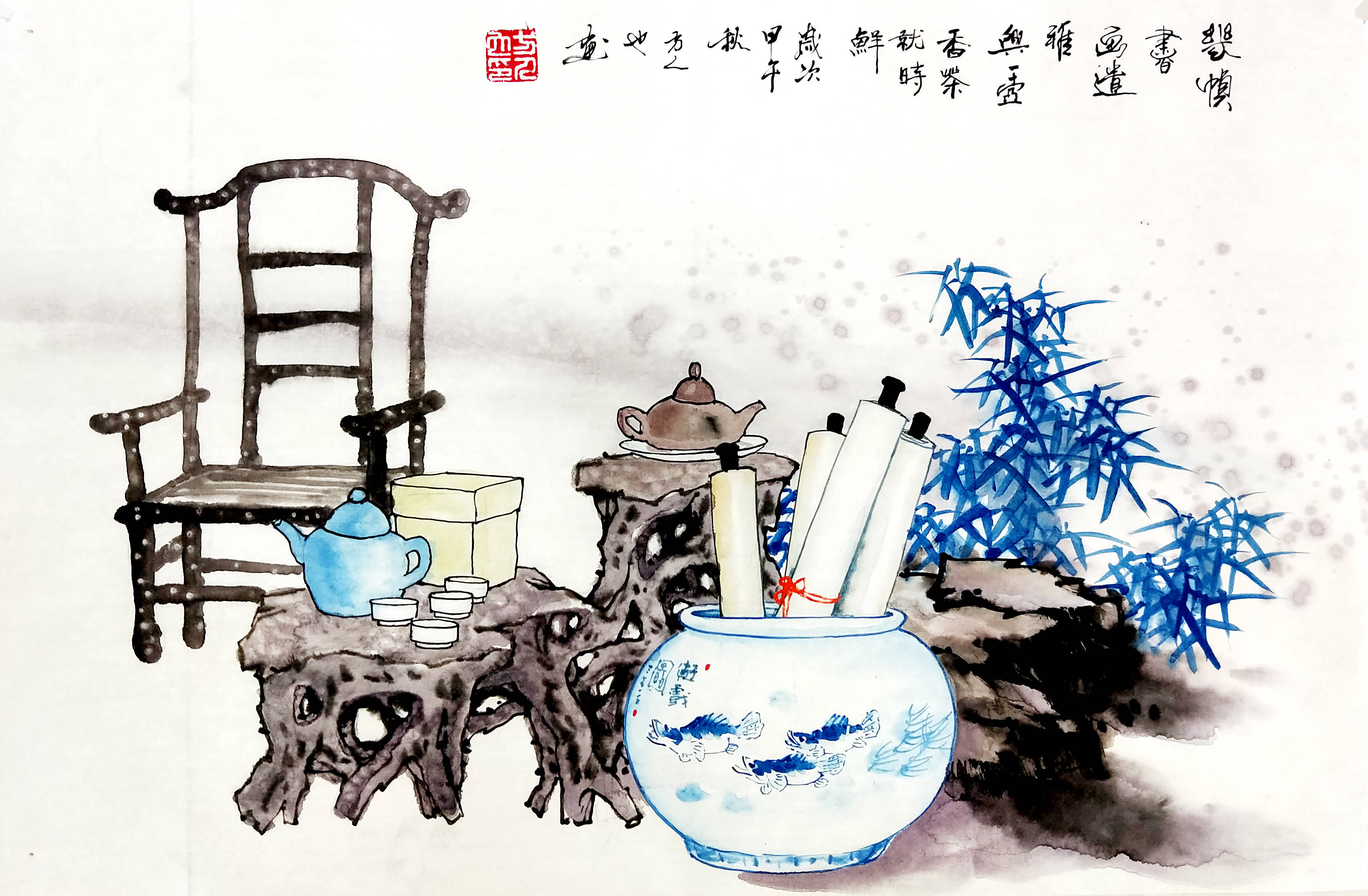 水墨人物而驰名画坛,同样擅长花鸟,小品等创作,更在青花瓷绘画上有着