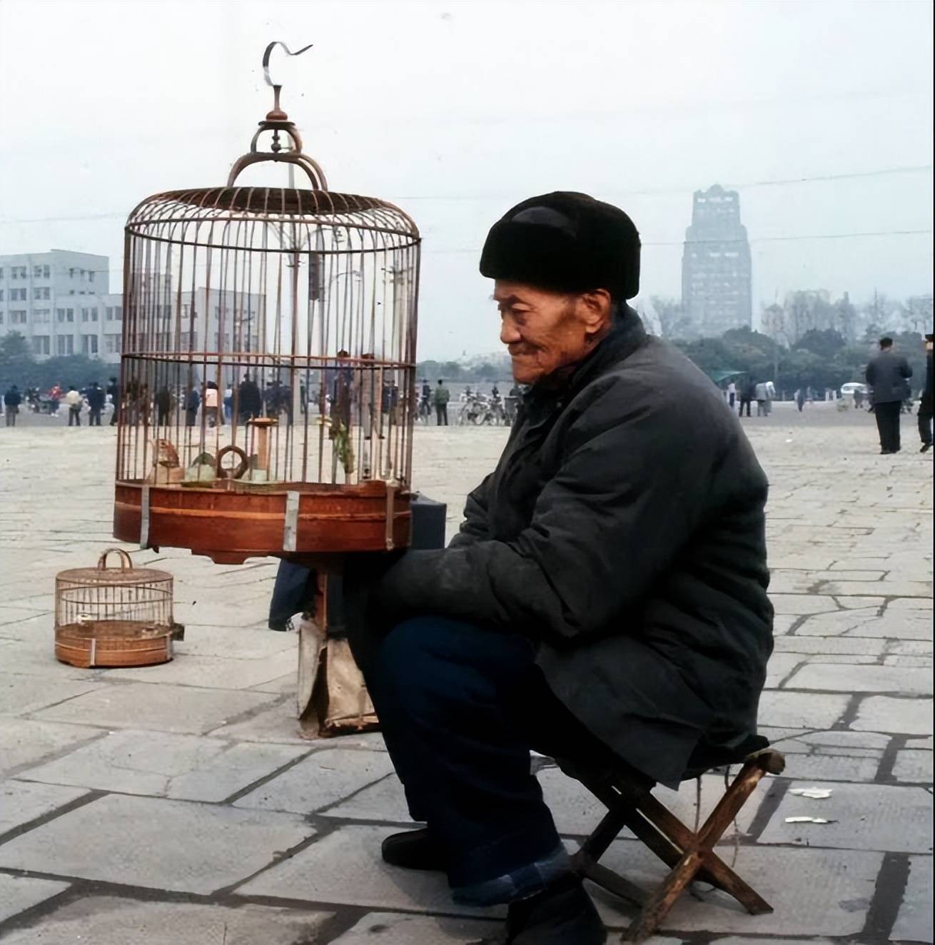 老照片:1979年南京几个正在休憩的男女,1983年广场上在遛鸟的大爷