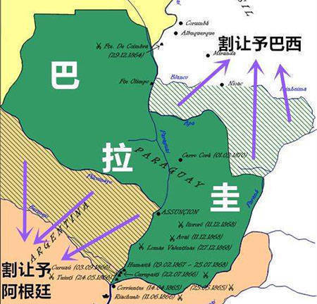 巴拉圭戰敗後割給巴西,阿根廷大片領土1870年2月27日,小洛佩斯在東北