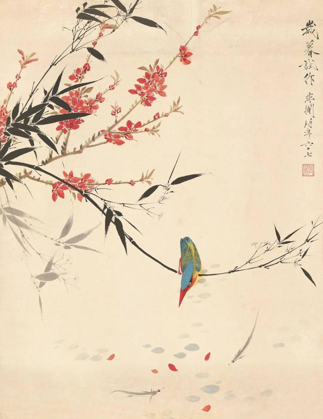 掛け軸】「 花蝶図 于非闇 號老非」 中国 近代書画家 肉筆保證