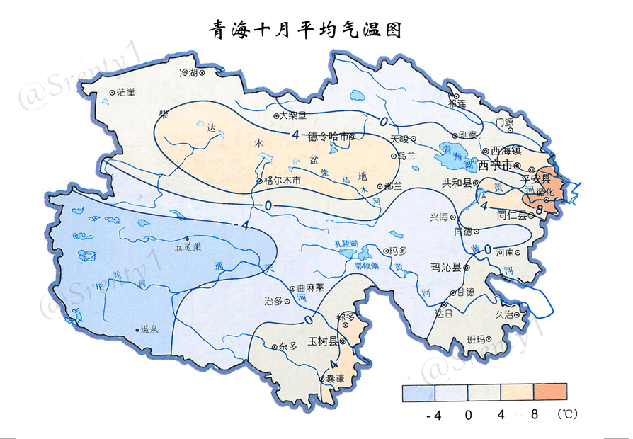 东部河湟谷地地区温度均在4度以上,海东市部分地区在8度以上;西部的