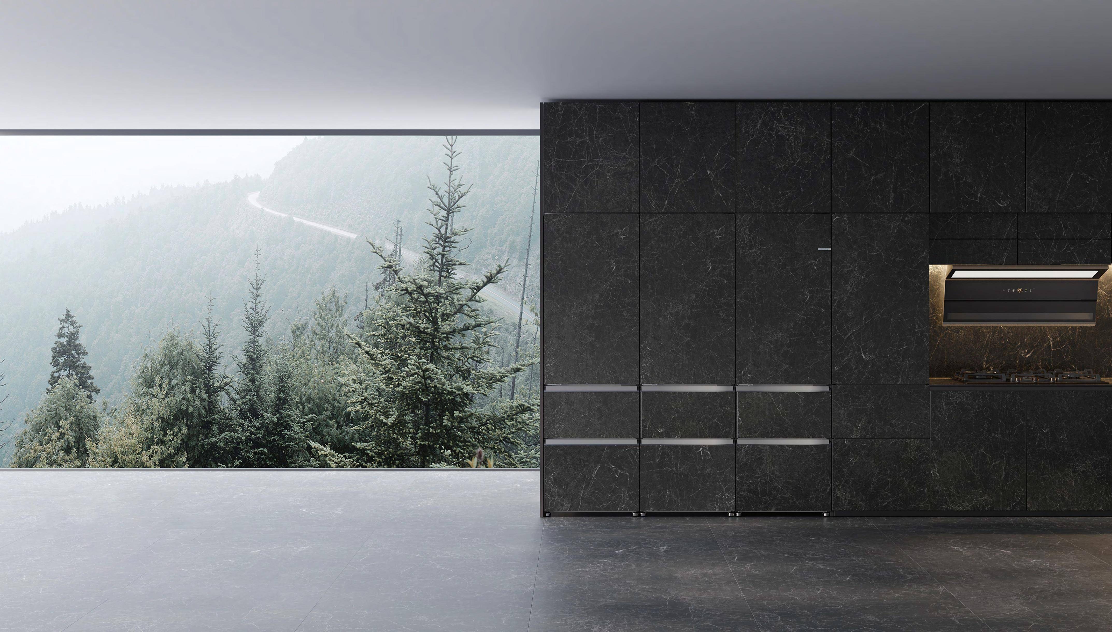 pilot build 厨居展览空间内所展出卡萨帝高级定制岩板冰箱花色:白沙