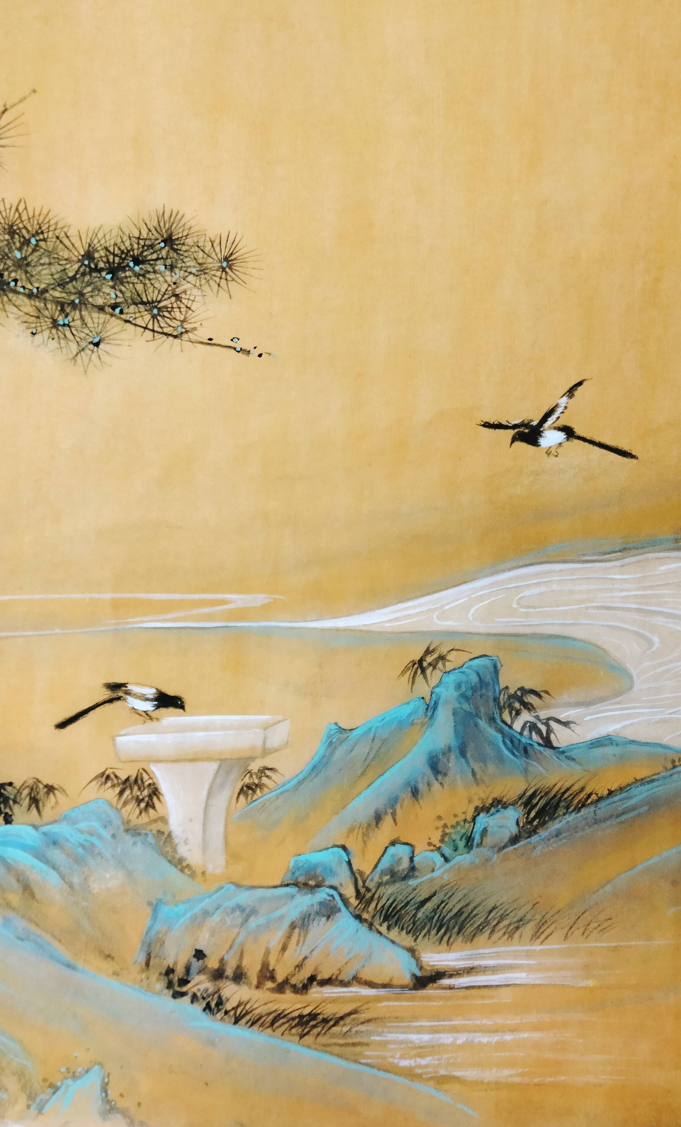界画寒江---工笔青绿山水《松泉双鸟图》