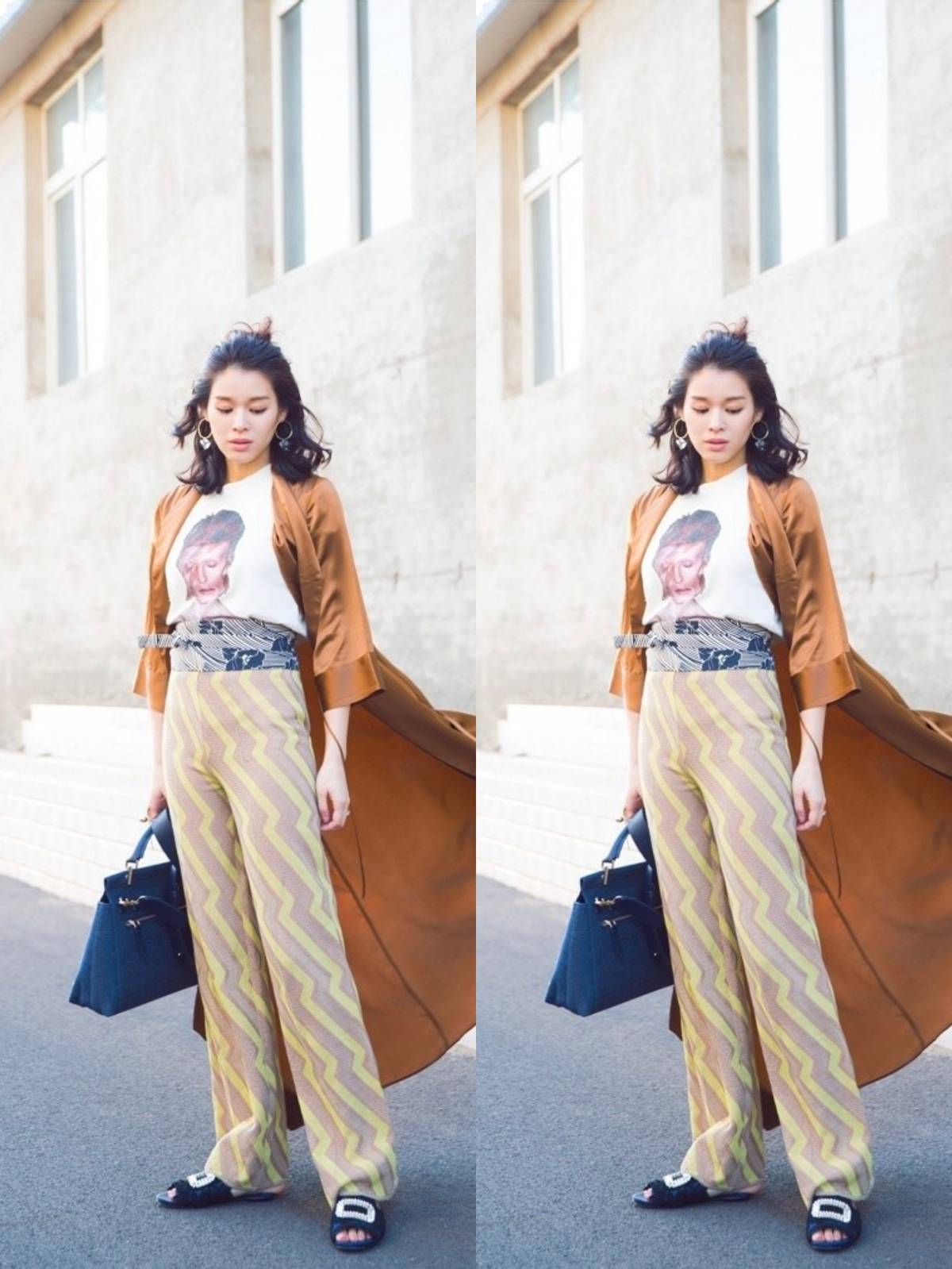 胡杏儿的腿型真是不可多得,穿着"西瓜纹"阔腿裤,也看得出腿长_时尚_的