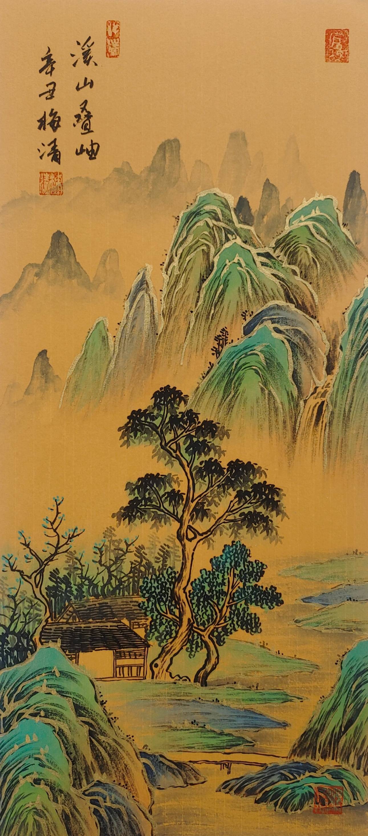 梅清画家所绘画的《溪山》金碧山水画,题材上多表现幽居之所.