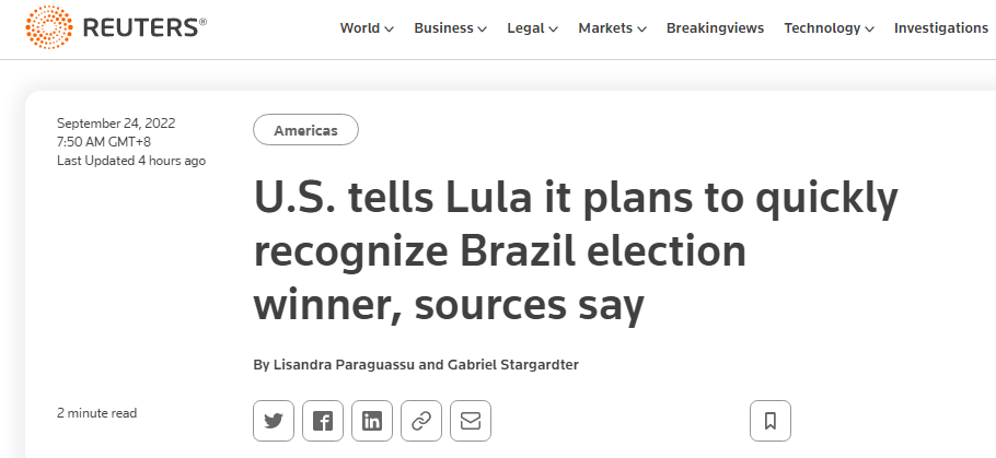 有阴影了？外媒曝：美已向卢拉保证，将“迅速承认”下月巴西大选结果