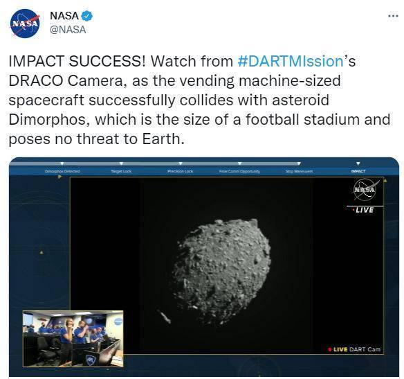 美宇宙飞船成功撞击小行星 NASA官员：开启人类的新时代