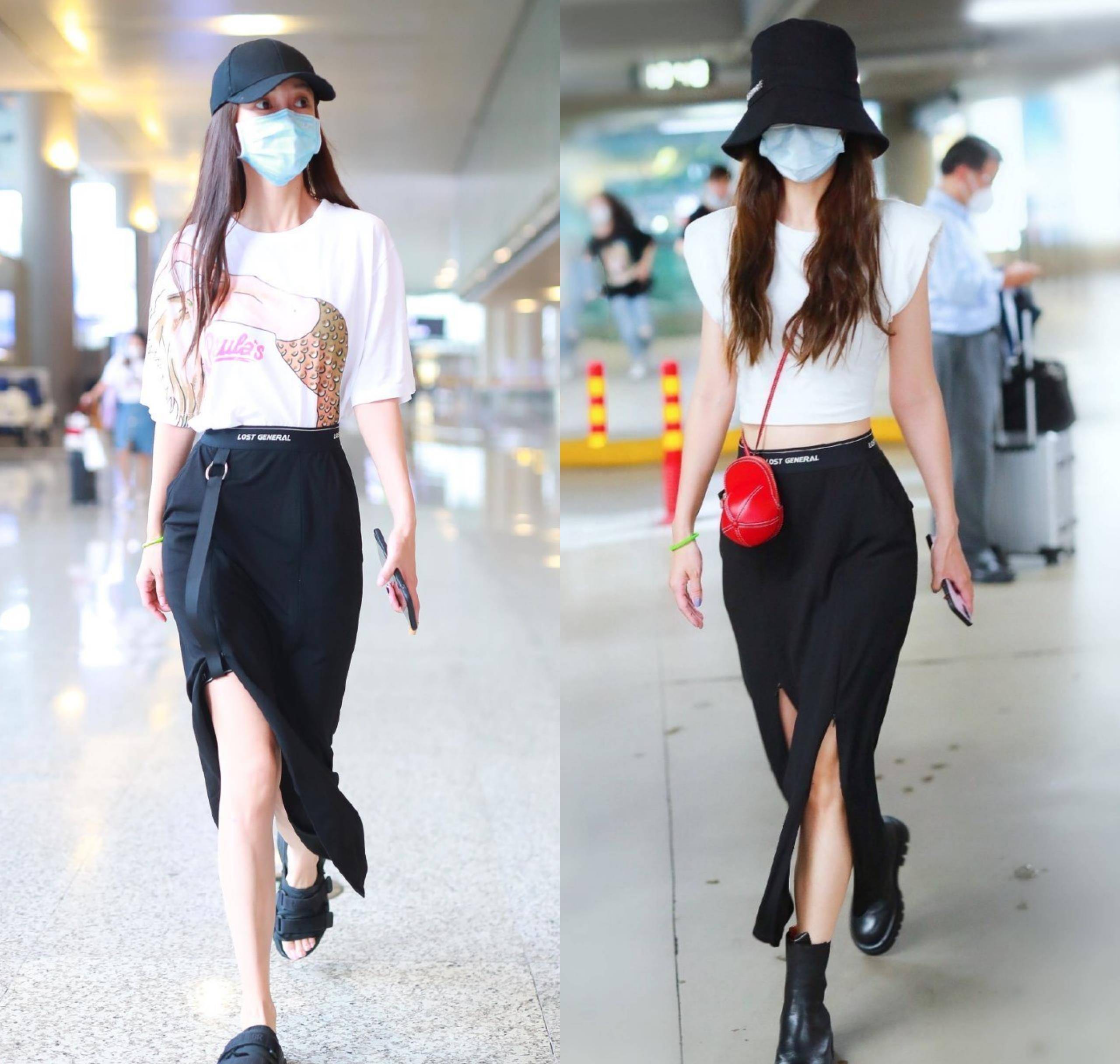 杨颖机场又现新风格,白色体恤搭配高腰时尚裙,纤瘦腰身太吸睛