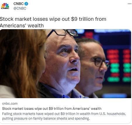 股市下跌已使美国家庭蒸发了逾9万亿美元财富，给家庭资产负债表和支出带来更大压力。