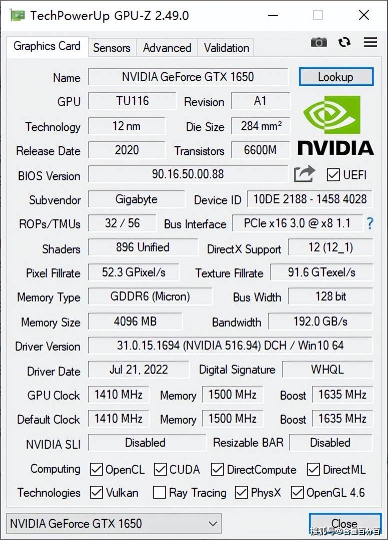 mhz,略高于公版的1590 mhz,先来看看显卡的基本信息,技嘉gtx1650 d6