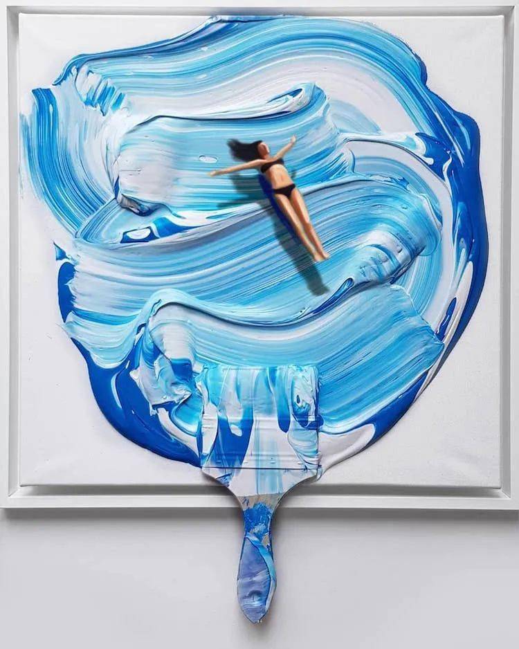 效果太顶了,她直接甩一桶颜料画画,刷子都堆成了画布_绘画_作品_画作