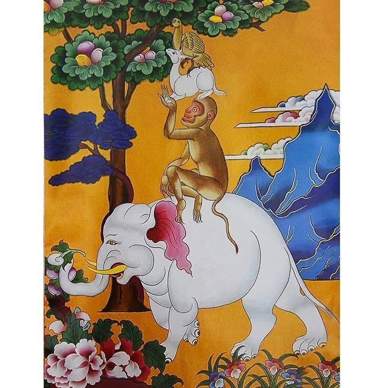 不管是寺院还是民居,我们时常会看到这幅:由大象,兔子,猴子和鹧鸪鸟