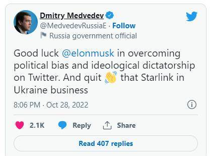 梅德韦杰夫祝贺马斯克完成收购推特，还呼吁其退出“星链”在乌项目