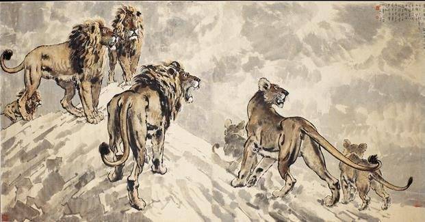 1943年，抗战时期，徐悲鸿画了一幅群狮占据富士山的《会师东京》_搜狐网