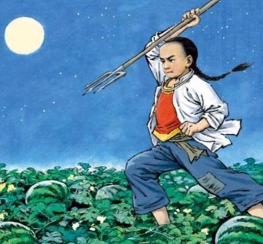 戴着银项圈,手持一柄钢叉,在月光照耀下的瓜田里刺猹的少年闰土一定在