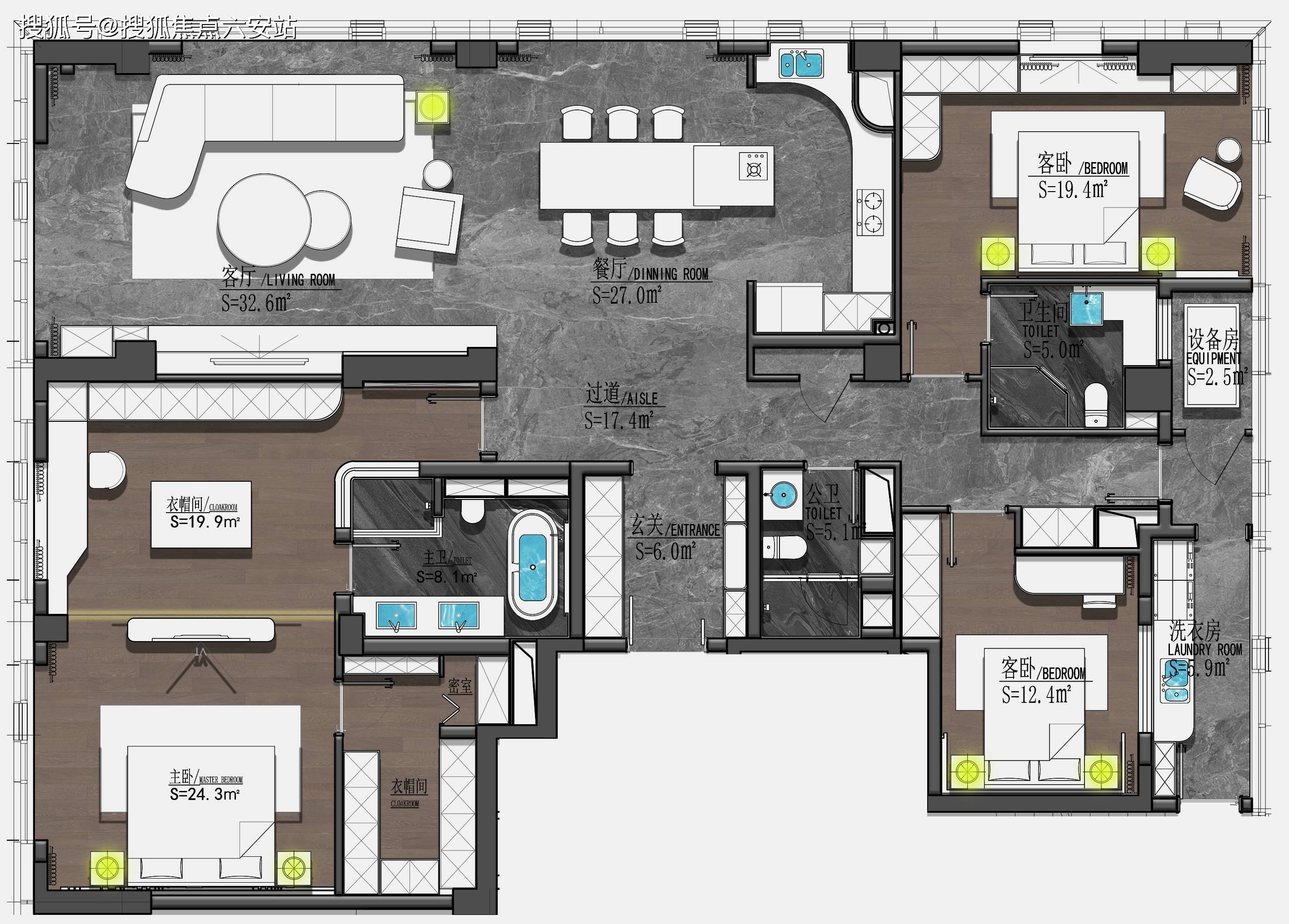 b户型·建筑面积约240m平方 | 四室二厅三卫约18米巨幕面宽,同步世界