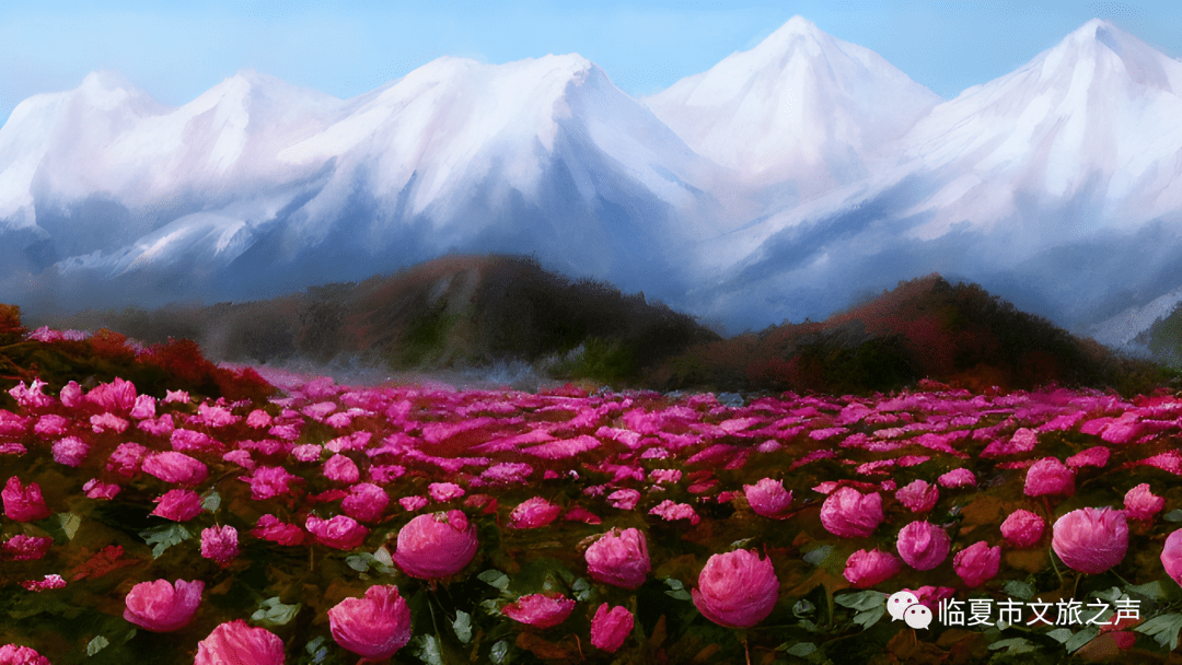 东公馆通天楼俯瞰下的临夏城市景色牡丹之城红园雪景浮世绘风格的红园