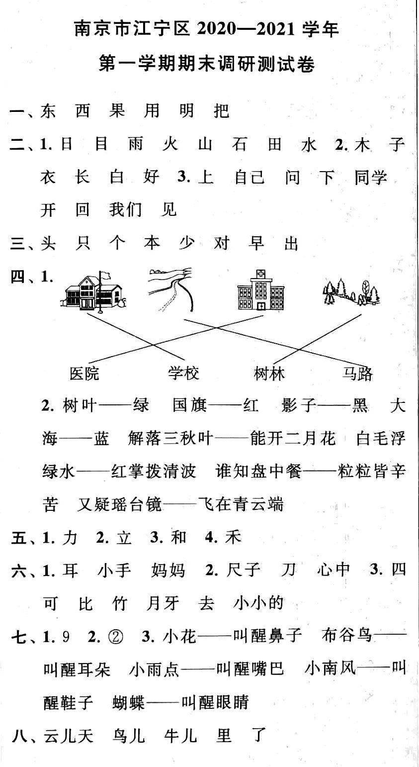 实题卷①丨南京市江宁区2020~2021学年第一学期一年级语文期末卷及谜底（可下载）