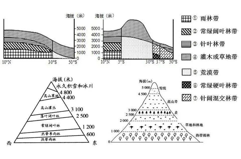 乌拉尔山脉肯尼亚山喜马拉雅山脉南迦巴瓦峰山地垂直自然带谱分布图