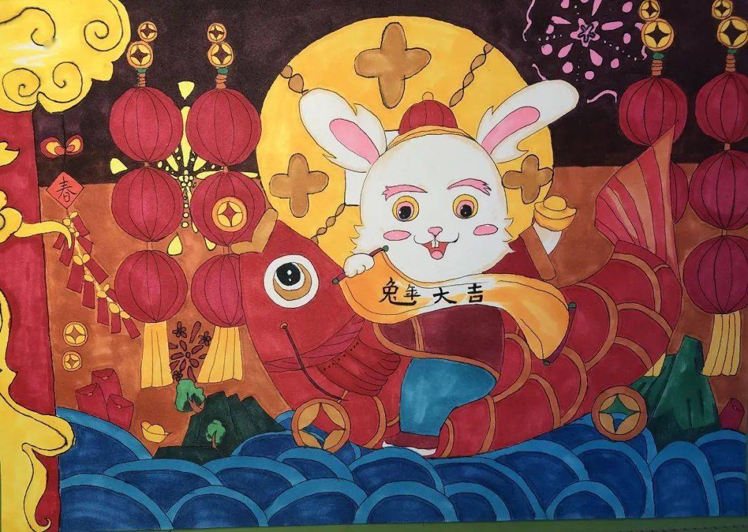 兔年画兔迎新春儿童画图片