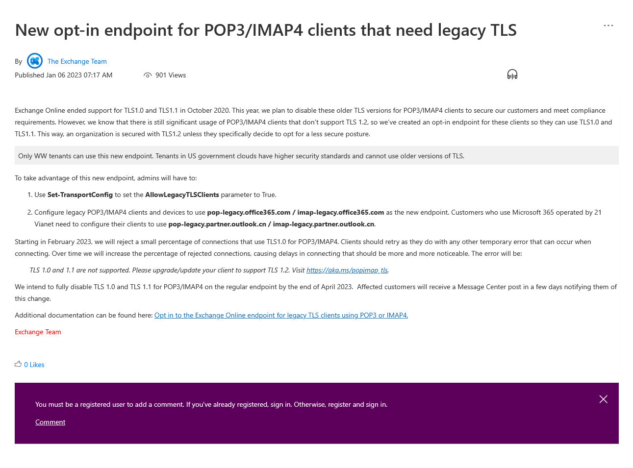 Exchange online pop3 imap4 tls 1 0 1 1 