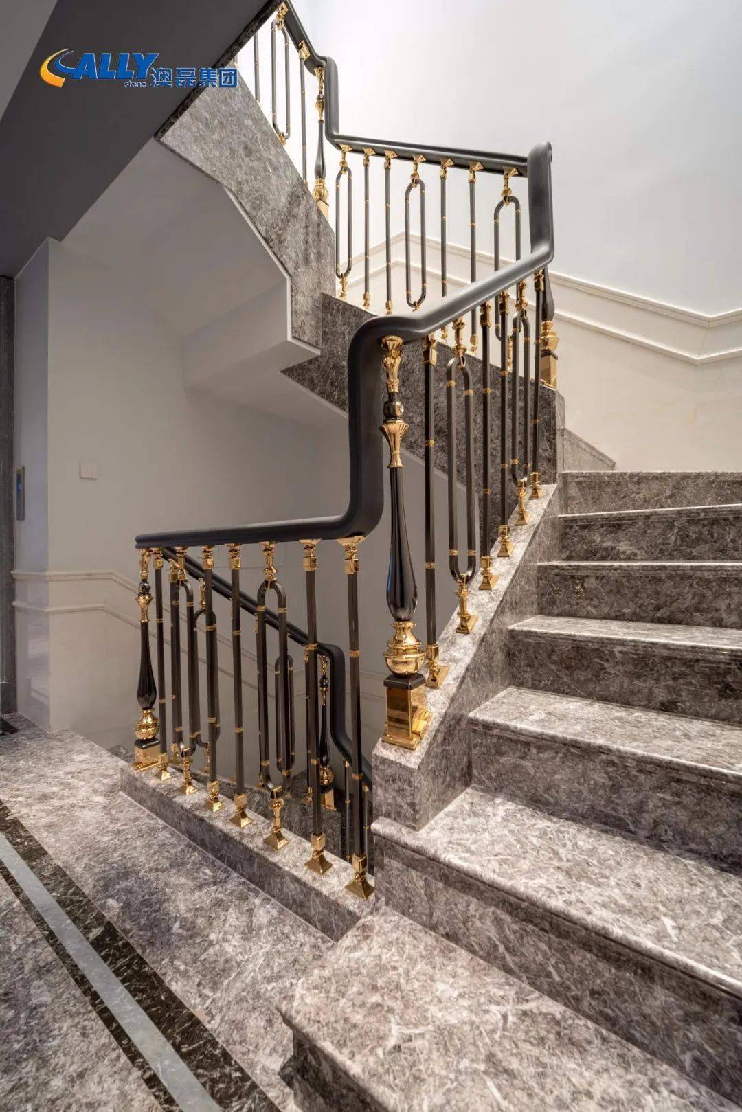 1000m05 美式别墅,特菲力灰雅士白大理石装饰案例_排版_楼梯_餐厅