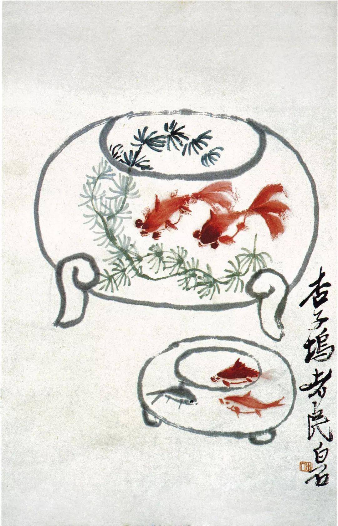 ▌齐白石《金鱼》 1940年代初期 中央美术学院附中藏他画的鲶鱼,脑袋