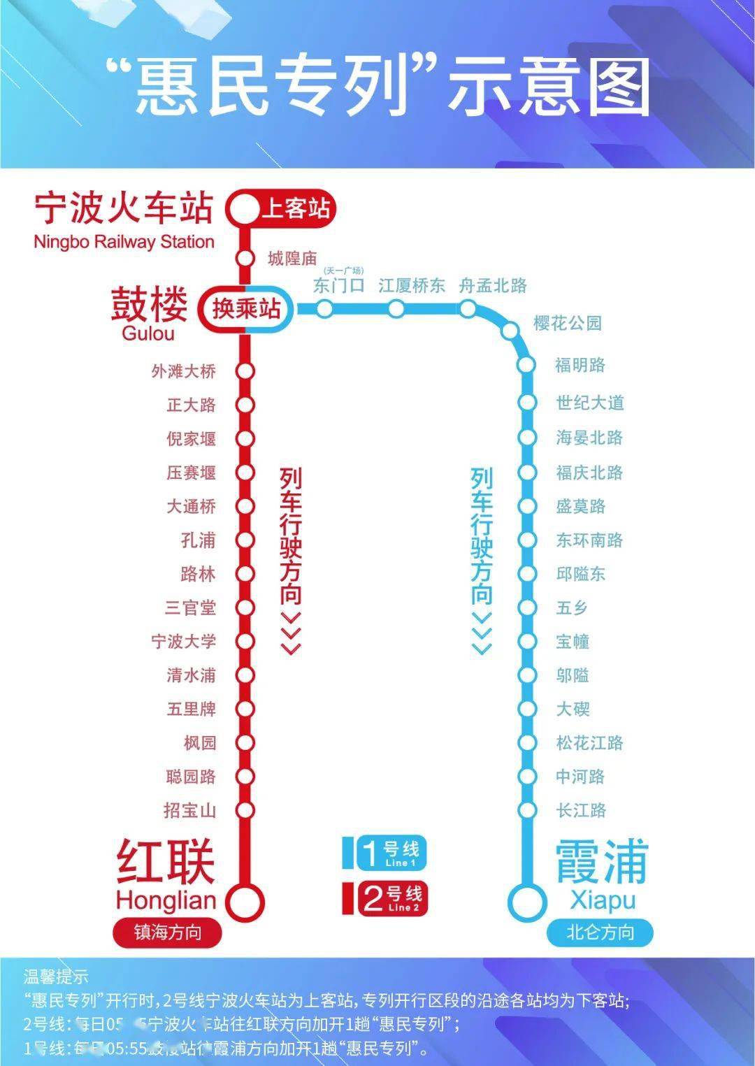 温馨提示惠民专列开行时,除地铁2号线宁波火车站可进站乘车外,专列