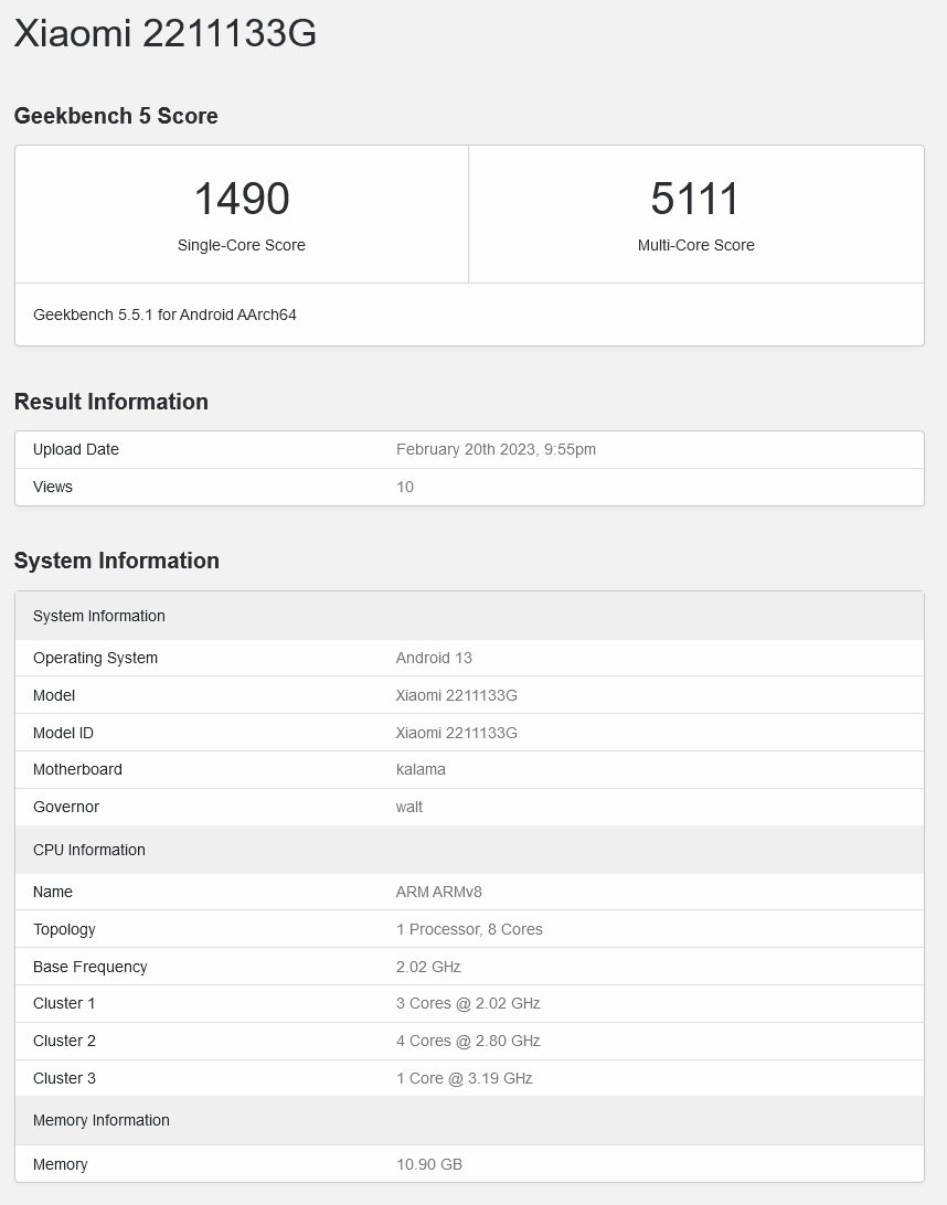 小米13国际版手机现身 GeekBench：高通骁龙8 Gen 2芯片+12GB内存