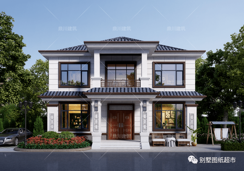 hp133建筑为新中式风格,立面以浅色真石漆为主,配合底部的深色瓷砖和