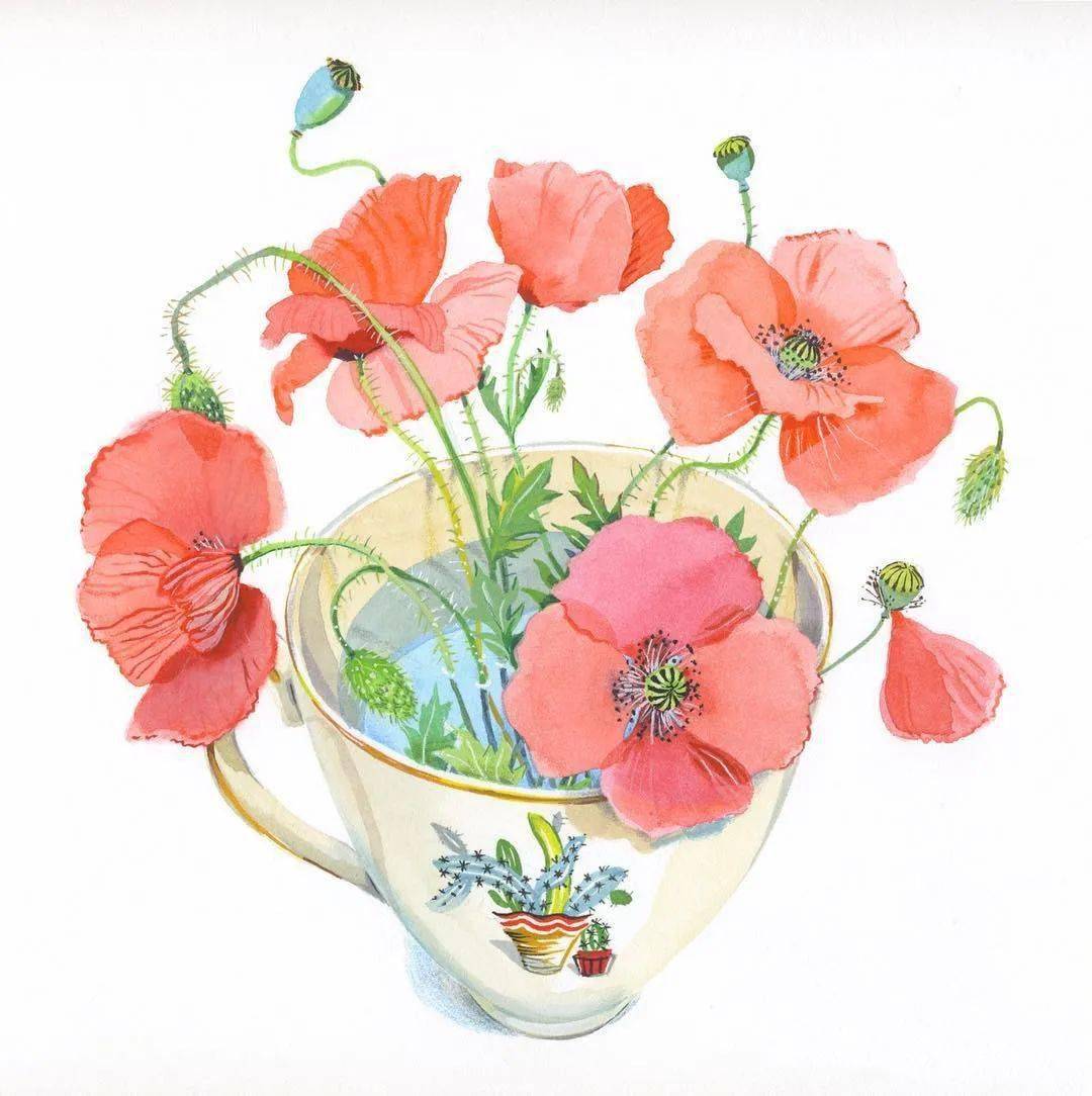 杯子与鲜花的创意组合,给人一种很温馨恬静的感觉她的水彩画,画面干净