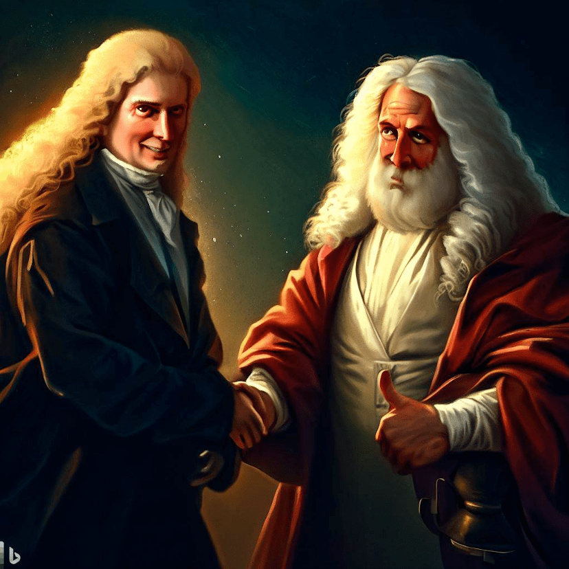 牛顿和伽利略握手,现实不可能发生,由作者应用gpt