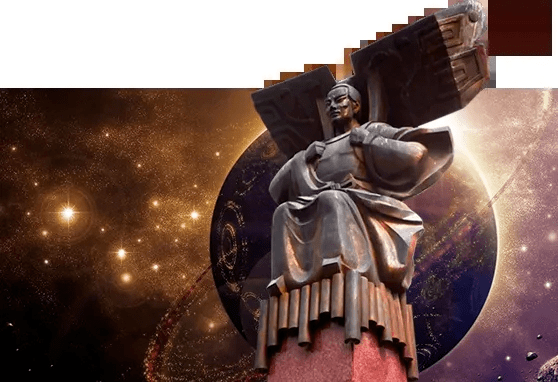 明朝人万户坐在绑满火箭的椅子上,手举两个大风筝,然后点火发射.