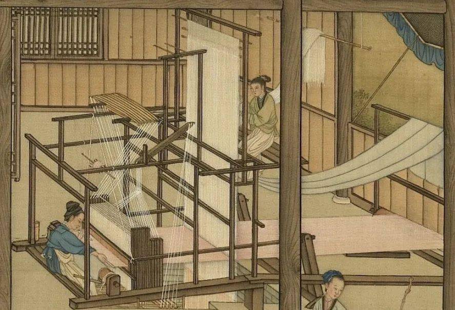 故宫博物院藏北宋 王居正《纺车图》局部一边纺纱织布一边还得带孩子