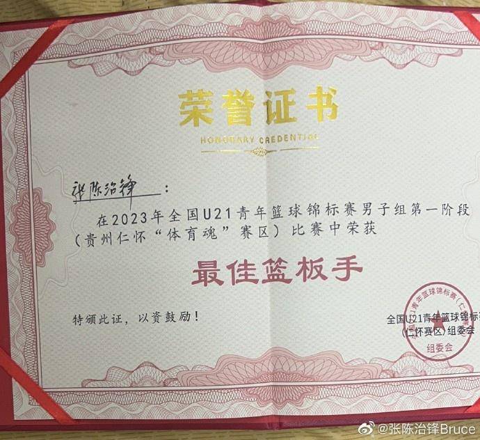 辽篮新星中锋张陈治锋更新社媒,晒出一张全国u21青年篮球锦标赛的"