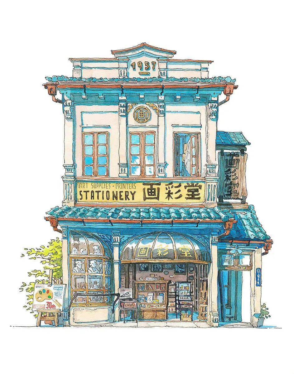 插画日式小店铺水彩作品欣赏~清新水彩建筑素材