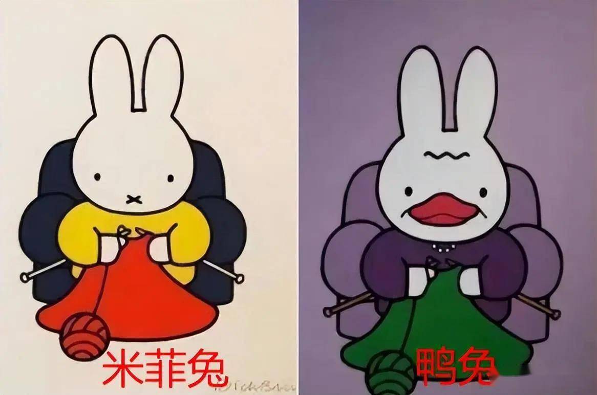 而冯峰创作的鸭兔,也是兔子,构图和场景惊人的相似,唯一的细微区别