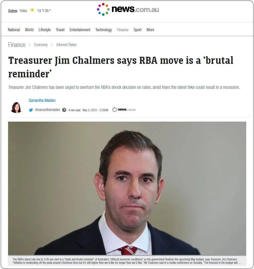 财政部长jim chalmers表示:澳洲央行的举动是"残酷的提醒"!关