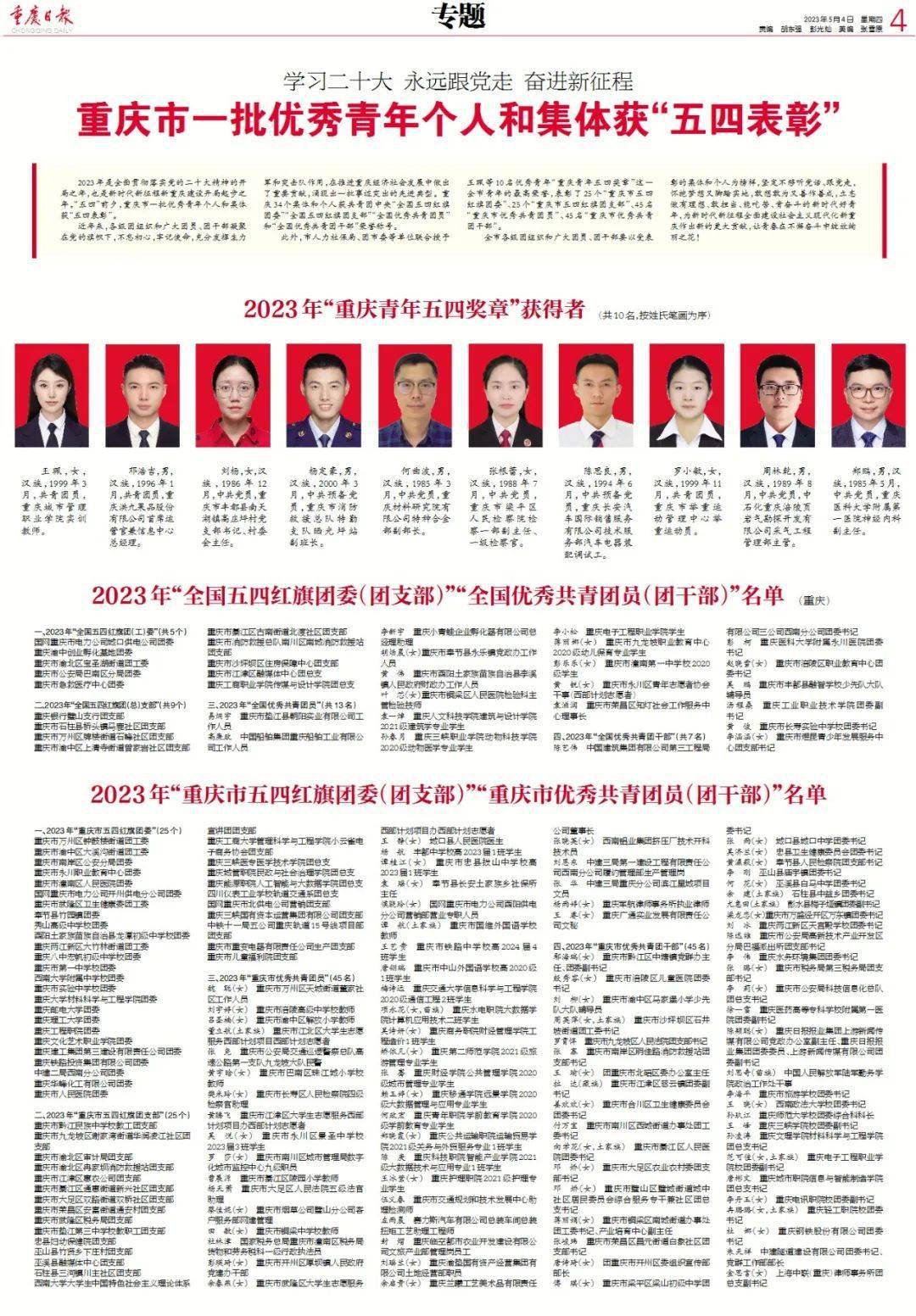 重庆市一批优秀青年个人和集体获"五四表彰"_全国_共青团员_中心