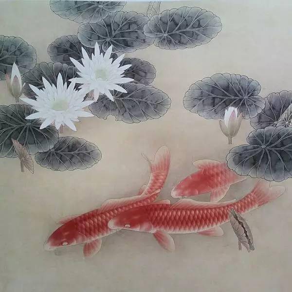 【国画教程】路雨年《红鲤睡莲》步骤画法_花青_叶子_藤黄