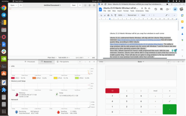 Ubuntu 23.10发布:全新Tiling Assistant扩展带来桌面四等分窗口视图!_用户_应用_屏幕