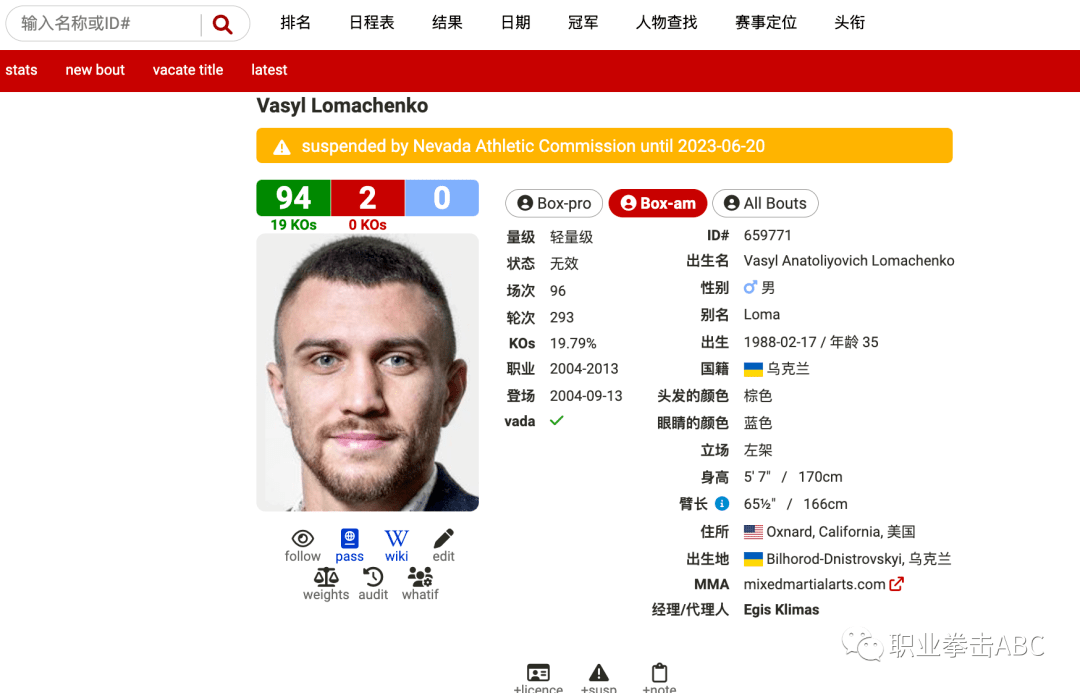 以下是著名拳王洛马琴科的业余和职业战绩记录:各赛事方,拳击协会可以