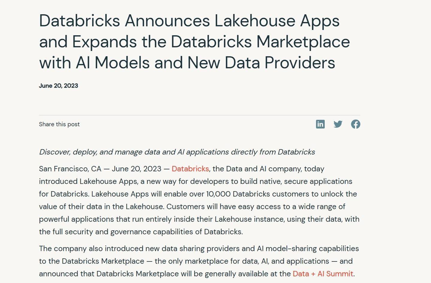 Databricks推出人工智能模型共享机制 即官方及第三方开源一系列模型