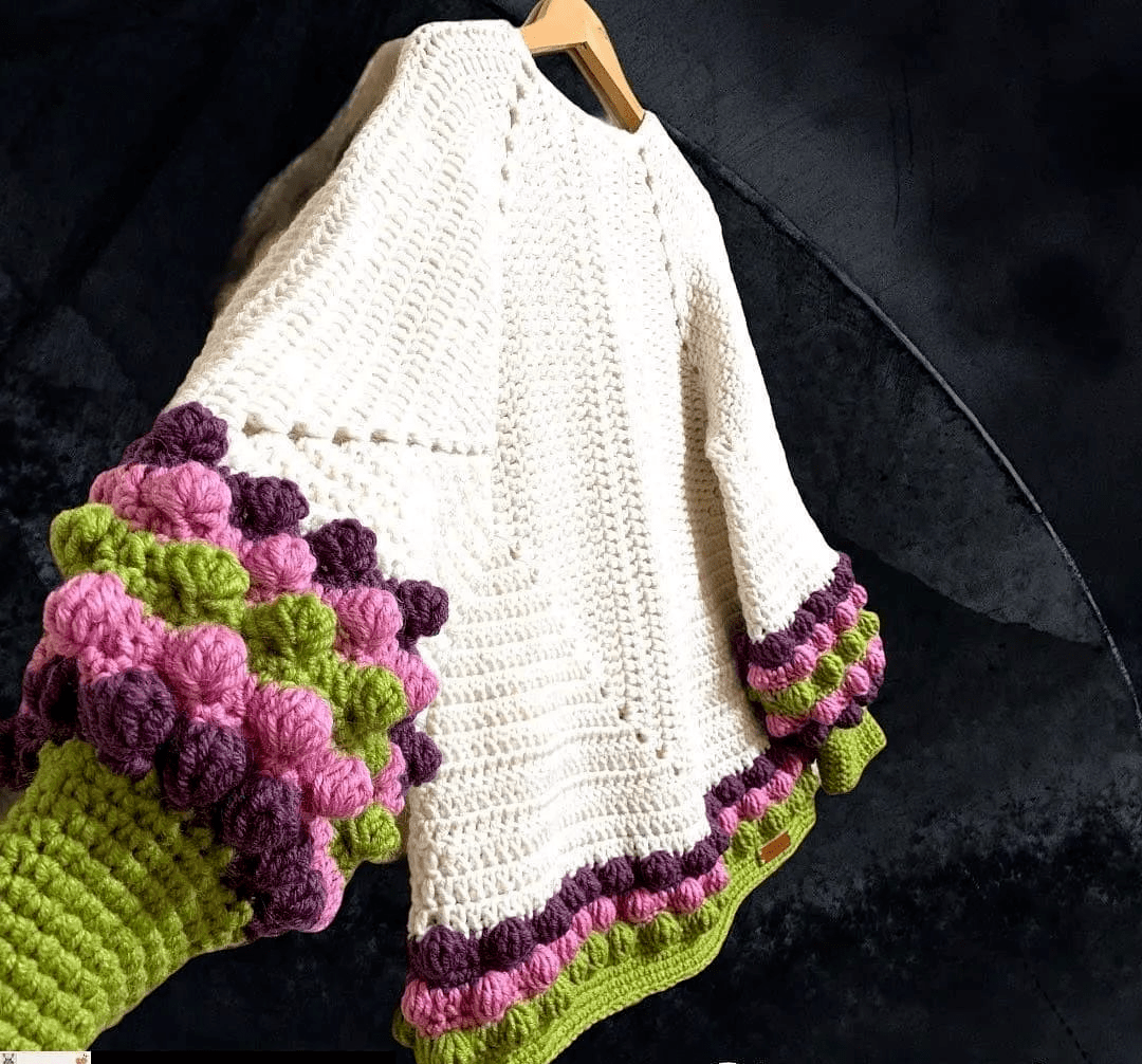 六角花样钩针套头衫,加上几排撞色爆米花就很亮眼了_字体_蓝色_结构