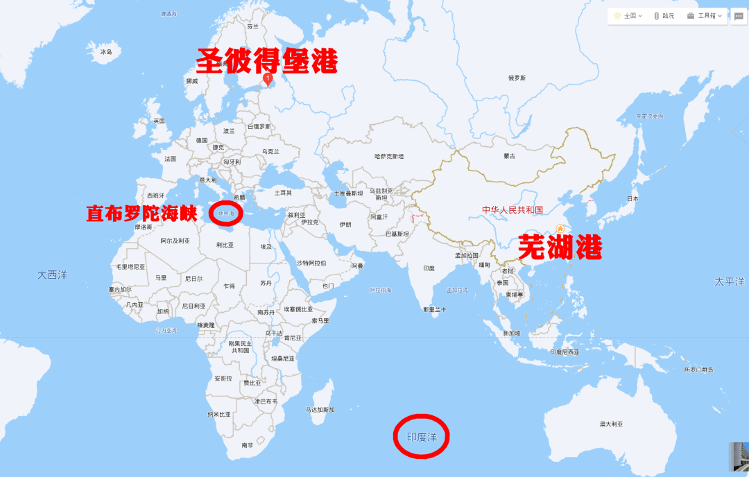 往西走,通過印度洋,地中海,經過直布羅陀海峽,大西洋,抵達波羅的海的