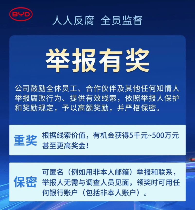 比亚迪重金反腐!匿名举报,奖金5千～500万,甚至更多!