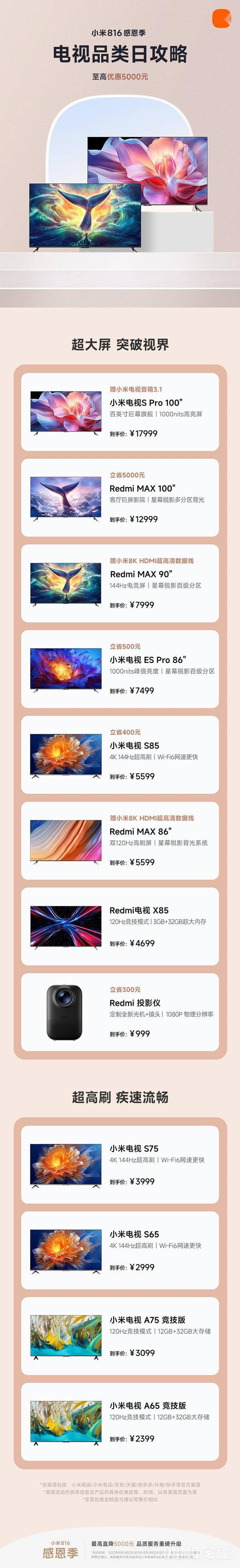 小米电视品类日开启 Redmi MAX 100英寸立省5000元 